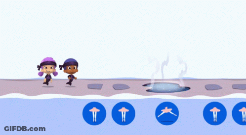 A Couple Of Cartoon Characters Standing Next To Each Other In A Pool GIF