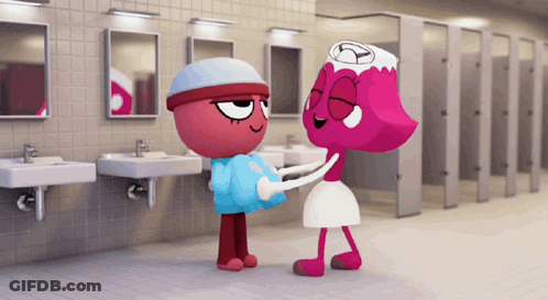 A Couple Of Cartoon Characters Standing Next To Each Other In A Public Restroom GIF