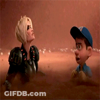 A Couple Of Cartoon Characters Standing Next To Each Other In The Dirt GIF