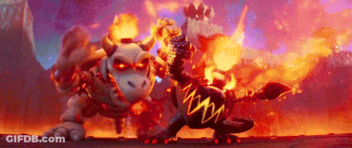 A Couple Of Cartoon Characters Standing Next To Each Other On A Fire . GIF
