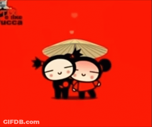 A Couple Of Cartoon Characters Standing Next To Each Other On A Red Background With The Word Ucca On The Bottom GIF