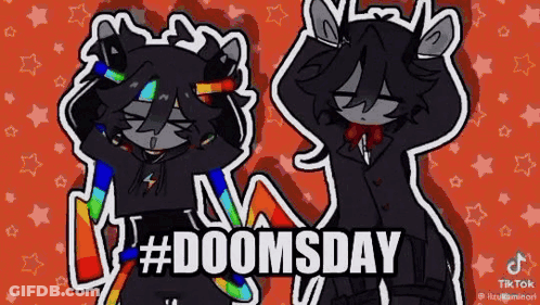 A Couple Of Cartoon Characters Standing Next To Each Other On A Red Background With The Words `` Doomsday '' Written On GIF