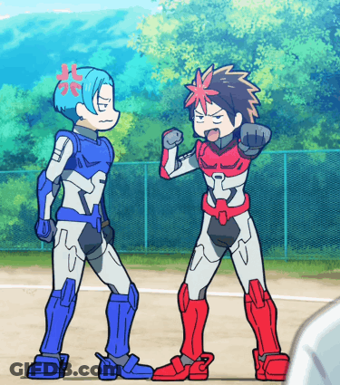 A Couple Of Cartoon Characters Standing Next To Each Other One Has A Red Star On His Head GIF