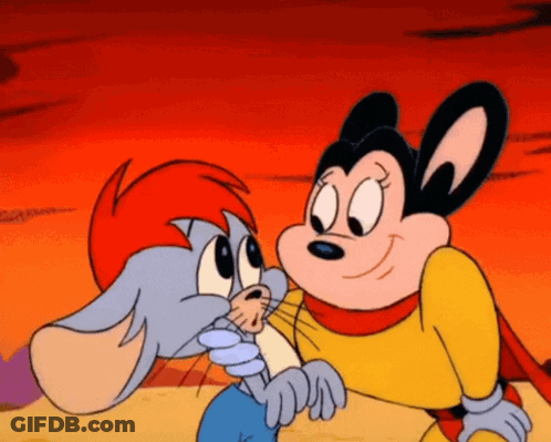 A Couple Of Cartoon Characters Standing Next To Each Other One Of Which Is A Mouse GIF