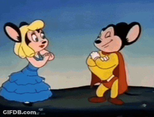 A Couple Of Cartoon Characters Standing Next To Each Other One Of Which Is Wearing A Cape GIF