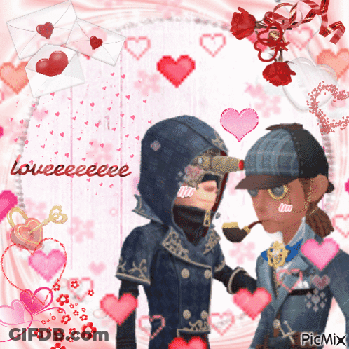 A Couple Of Cartoon Characters Standing Next To Each Other Surrounded By Hearts And The Words Loveeeeeeeee GIF