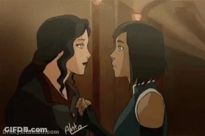 A Couple Of Cartoon Characters Standing Next To Each Other . GIF