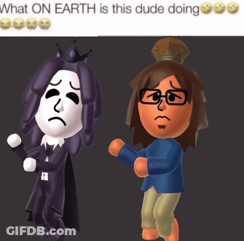 A Couple Of Cartoon Characters Standing Next To Each Other With A Caption That Says What On Earth Is This Dude Doing GIF