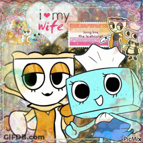 A Couple Of Cartoon Characters Standing Next To Each Other With A Heart That Says " I Love My Wife " GIF