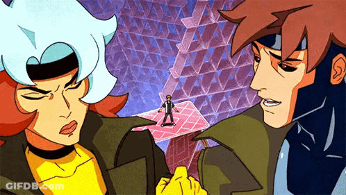 A Couple Of Cartoon Characters Standing Next To Each Other With A Man In The Background GIF