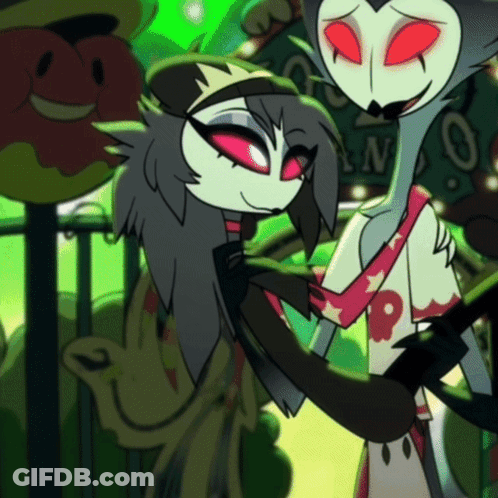 A Couple Of Cartoon Characters Standing Next To Each Other With A Sign Behind Them That Says N. GIF