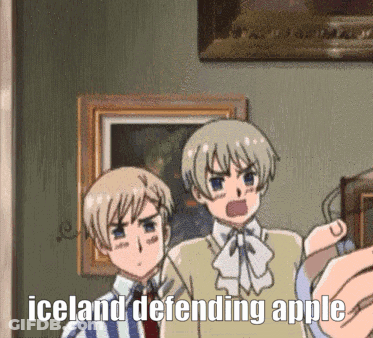 A Couple Of Cartoon Characters Standing Next To Each Other With Iceland Defending Apple Written In The Corner GIF