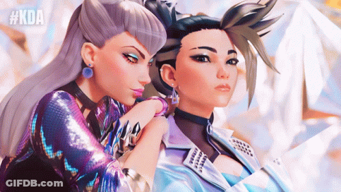 A Couple Of Cartoon Characters Standing Next To Each Other With #Kda On The Bottom GIF
