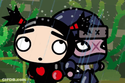 A Couple Of Cartoon Characters Standing Next To Each Other With One Wearing A Mask With The Letter X On It GIF