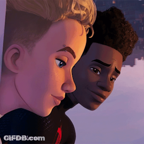A Couple Of Cartoon Characters Standing Next To Each Other With #Spiderverse Written Below Them GIF