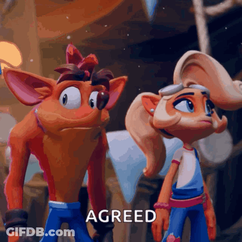 A Couple Of Cartoon Characters Standing Next To Each Other With The Word Agreed In The Corner GIF