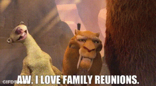 A Couple Of Cartoon Characters Standing Next To Each Other With The Words Aw I Love Family Reunions GIF