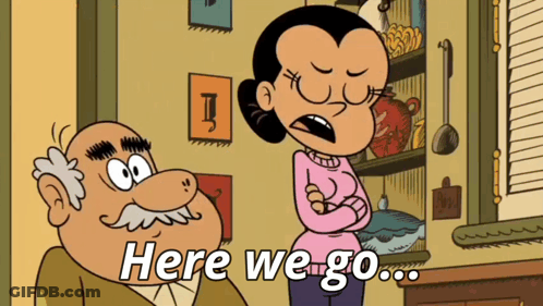 A Couple Of Cartoon Characters Standing Next To Each Other With The Words Here We Go GIF