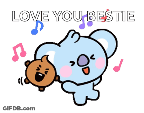 A Couple Of Cartoon Characters Standing Next To Each Other With The Words Love You Bestie Written Above Them GIF