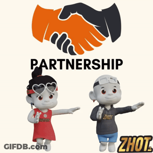 A Couple Of Cartoon Characters Standing Next To Each Other With The Words Partnership Above Them GIF