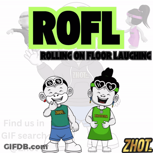 A Couple Of Cartoon Characters Standing Next To Each Other With The Words Rofl Rolling On Floor Laughing Behind Them GIF