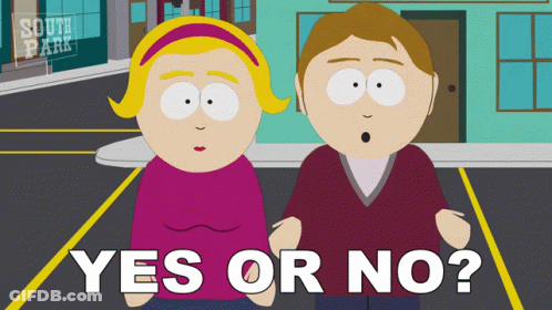 A Couple Of Cartoon Characters Standing Next To Each Other With The Words Yes Or No Written Below Them GIF