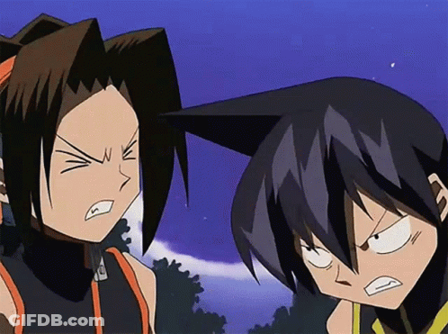 A Couple Of Cartoon Characters Standing Next To Each Other With Their Mouths Open GIF
