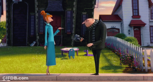 A Couple Of Cartoon Characters Standing On A Sidewalk In Front Of A House GIF