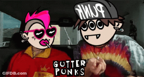 A Couple Of Cartoon Characters With Gutter Punks Written In Black GIF