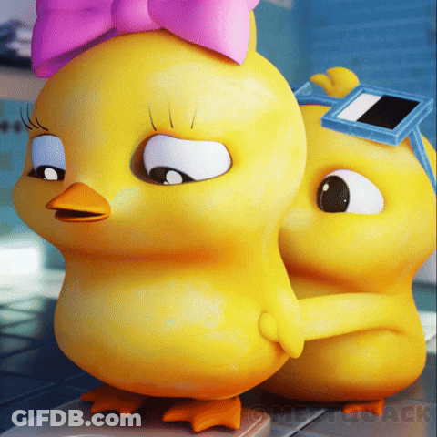 A Couple Of Cartoon Chickens With One Wearing A Pink Bow And Sunglasses GIF