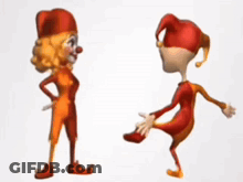 A Couple Of Cartoon Clowns Are Dancing Together On A White Background GIF