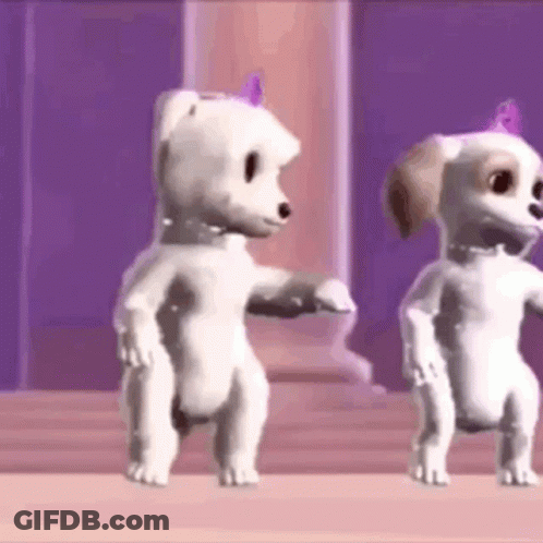 A Couple Of Cartoon Dogs Are Dancing Together In A Room . GIF