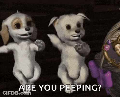 A Couple Of Cartoon Dogs Are Dancing With The Words Are You Peeping Behind Them GIF
