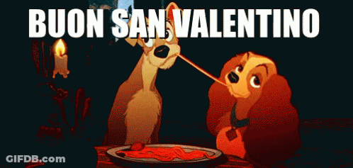 A Couple Of Cartoon Dogs Sitting At A Table With The Words Buon San Valentino Above Them GIF