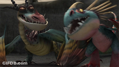 A Couple Of Cartoon Dragons Looking At Each Other With Their Mouths Open GIF