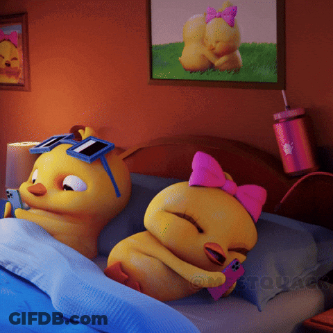 A Couple Of Cartoon Ducks Laying On A Bed With One Wearing Sunglasses And A Pink Bow GIF