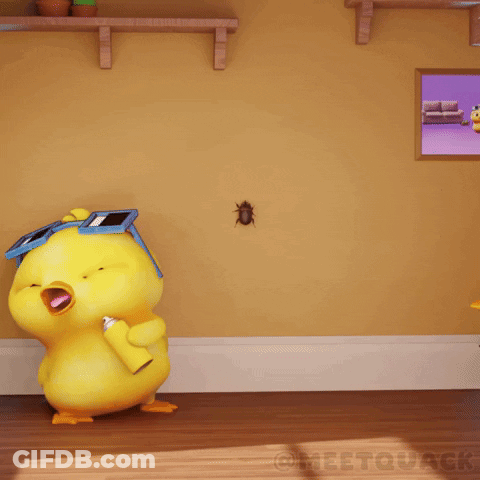 A Couple Of Cartoon Ducks Standing Next To Each Other With A Bug In The Background GIF