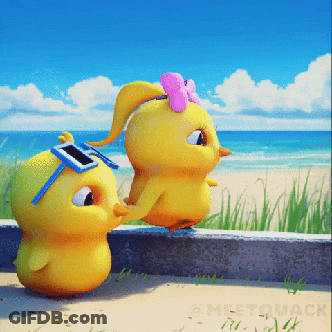 A Couple Of Cartoon Ducks Standing Next To Each Other With The Words " Meetoduck " On The Bottom GIF
