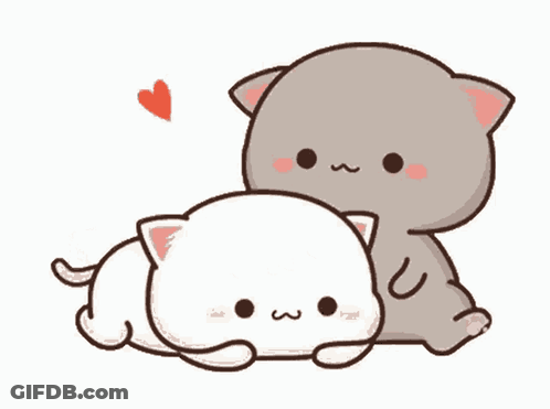 A Couple Of Cats Are Hugging Each Other With A Heart Flying In The Background . GIF