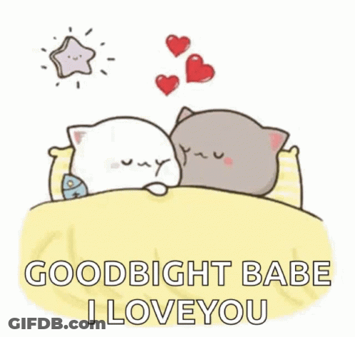 A Couple Of Cats Are Laying In Bed With Hearts Flying Around Them And The Words `` Goodnight Babe I Love You '' . GIF