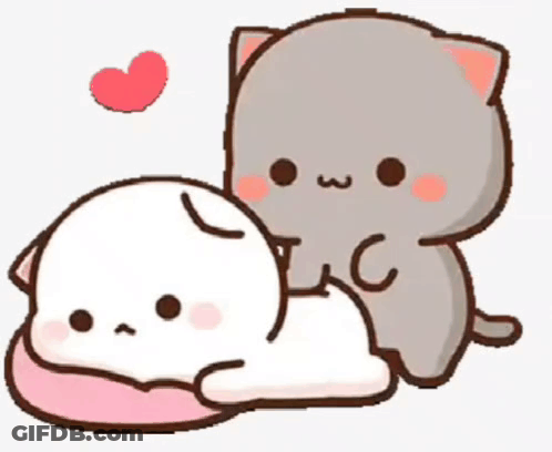 A Couple Of Cats Are Sitting Next To Each Other On A Pillow With A Heart In The Background . GIF