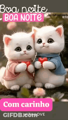 A Couple Of Cats Holding Hearts In Their Hands And A Button That Says `` Com Carinho With Love '' . GIF