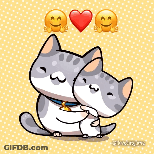 A Couple Of Cats Hugging Each Other With A Heart And Smiley Faces Above Them GIF