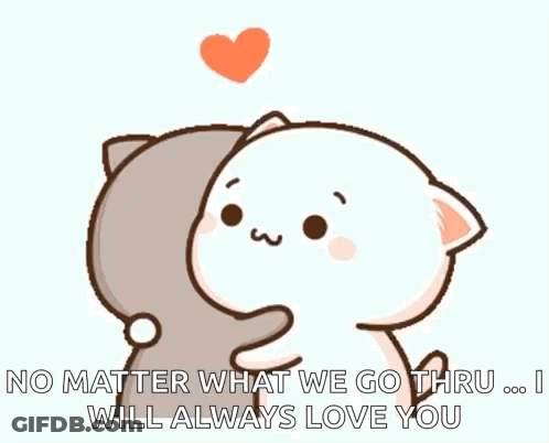 A Couple Of Cats Hugging Each Other With The Words `` No Matter What We Go Through ... I Will Always Love You '' . GIF