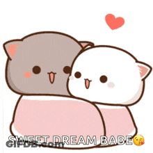 A Couple Of Cats Hugging Each Other With The Words Sweet Dream Babe Above Them GIF