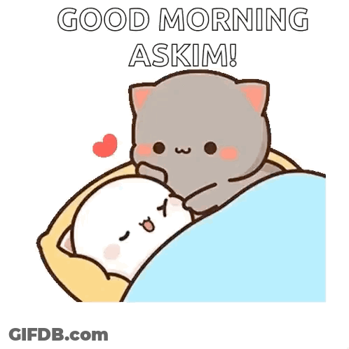 A Couple Of Cats Laying In A Bed With The Words `` Good Morning Askim '' Written On It . GIF