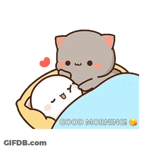 A Couple Of Cats Laying In A Bed With The Words `` Good Morning '' . GIF