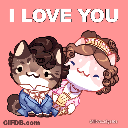 A Couple Of Cats Sitting Next To Each Other With The Words " I Love You " Behind Them GIF