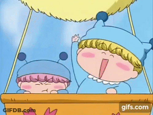 A Couple Of Children Are Sitting In A Hot Air Balloon . GIF