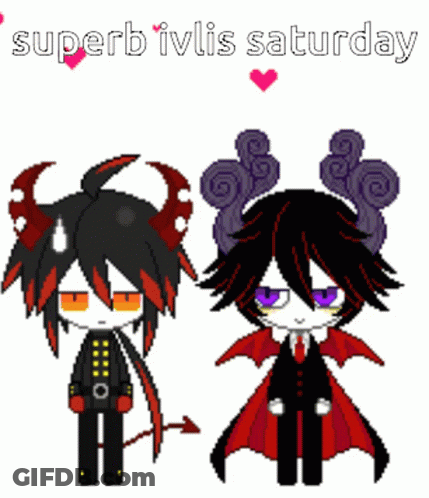 A Couple Of Demons Standing Next To Each Other With The Words Superb Ivlis Saturday Written Above Them GIF